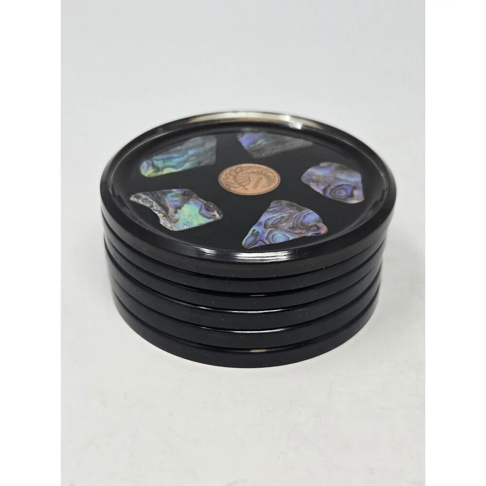 VINTAGE DRINK COASTER SET OF 6 NEW ZEALAND PAUA SHELL & COINS MONEY COLLECTIBLE